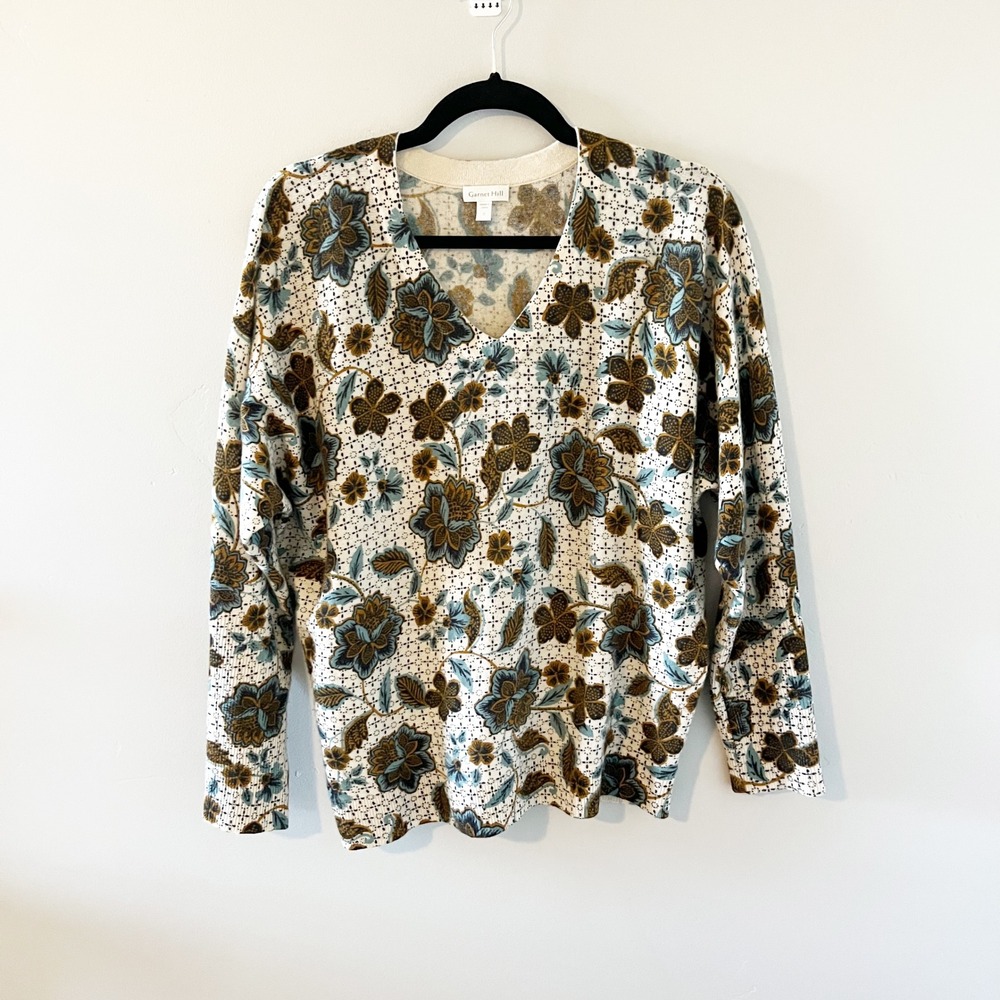 Garnet Hill 100% Cashmere Floral V-Neck Sweater Blue Brown Cream Relaxed Small